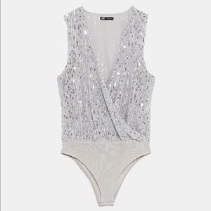 Zara Sequin Bodysuit, Gray, Woman’s size S…